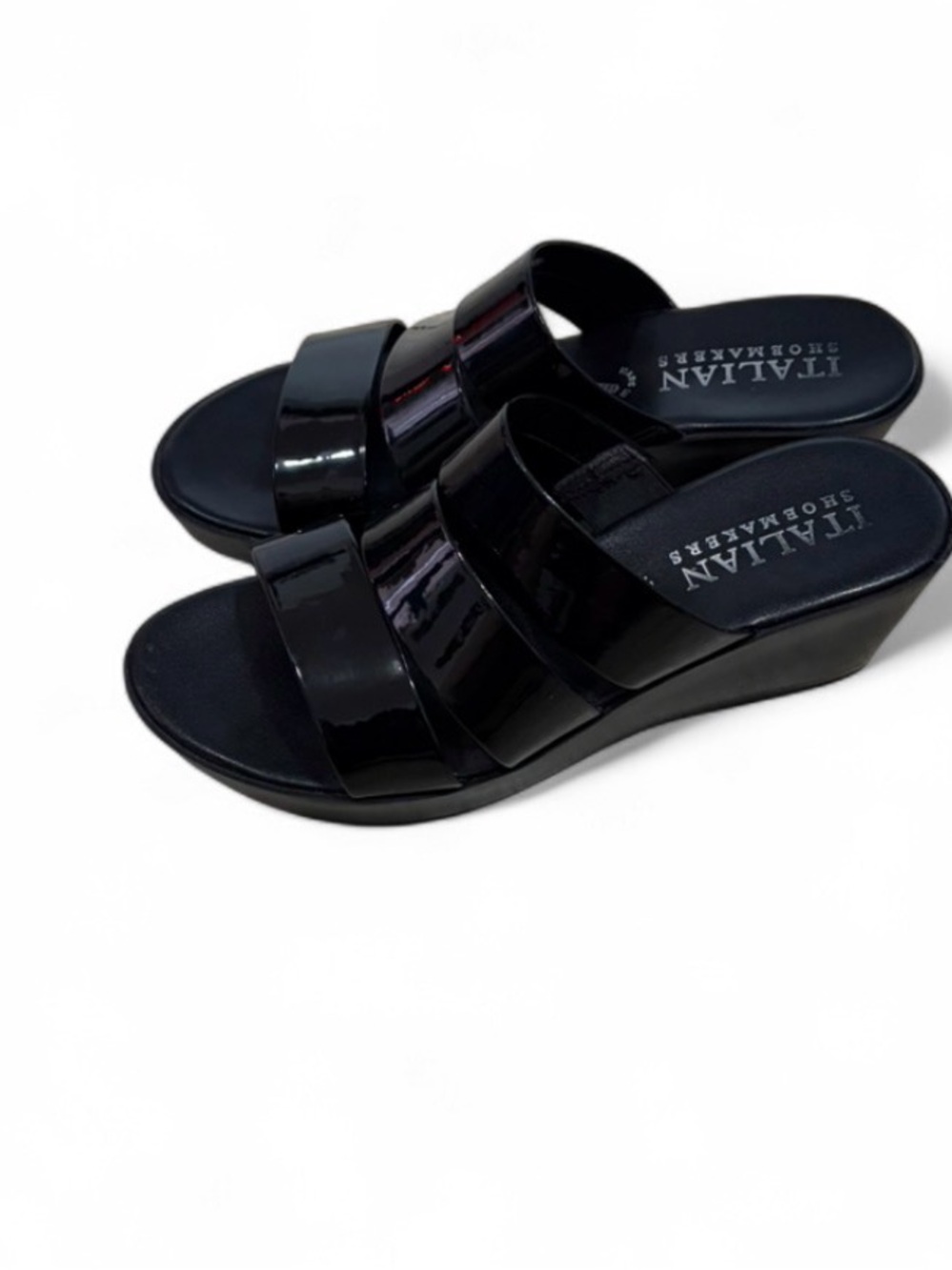 Italian Shoemakers Black Patent Triple-Strap Wedge Slides